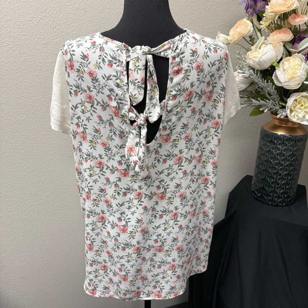 LOFT Ivory Knit Top Floral Chiffon Back Tie Mixed Media Blouse M - Picture 3 of 7